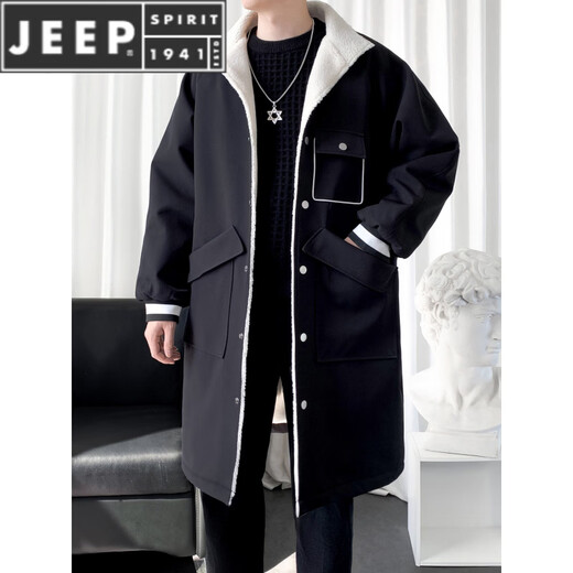 JEEP SPIRIT加绒加厚风衣男长款拼接大衣帅气男装单排扣翻领披肩冬季上衣外套 黑色 M