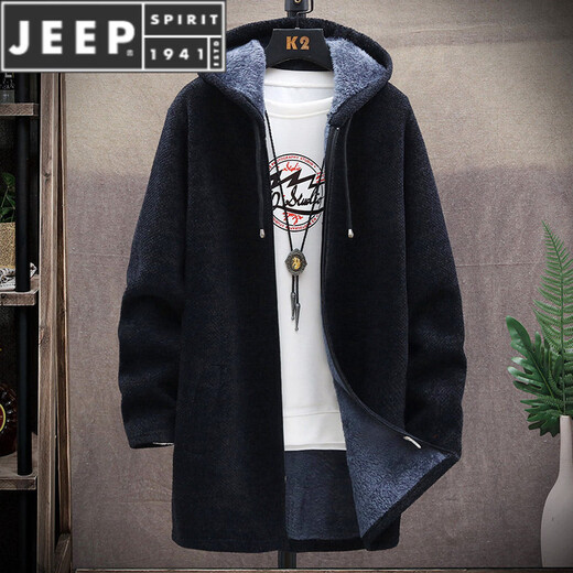 JEEP SPIRIT秋冬季毛衣夹克男士中长版大衣潮流连帽风衣加绒保暖拉炼 炼 8819深灰色【加 绒】中长版 M