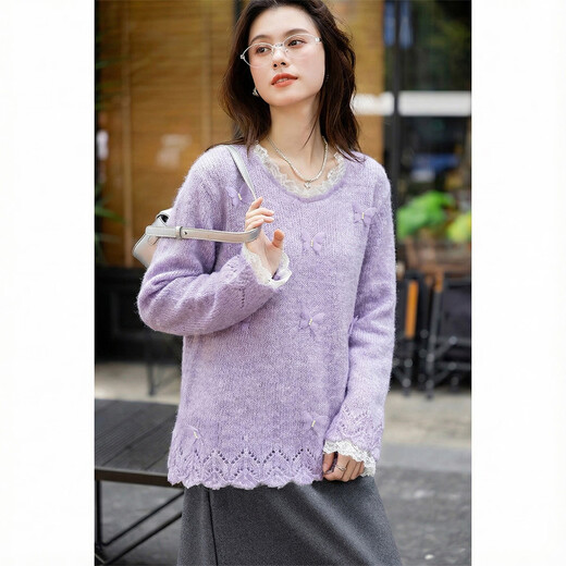 Ives (ITISF4) lace sweet sweater 26 spring new loose soft waxy lazy butterfly sweater purple one size