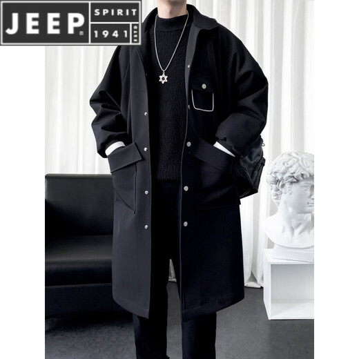 JEEP SPIRIT加绒加厚风衣男长款拼接大衣帅气男装单排扣翻领披肩冬季上衣外套 黑色 M