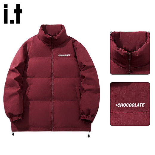 :CHOCOOLATE it潮牌酒红色休闲百搭外套男款冬季新款防寒保暖立领羽绒服 酒红色 S 【建议80-115斤】