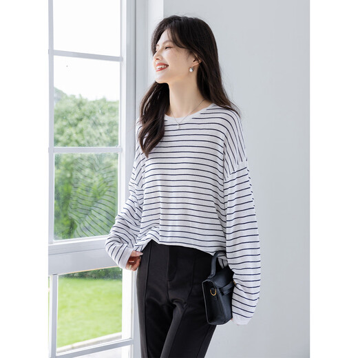 Ives (ITISF4) chic lazy style long-sleeved T-shirt Korean striped loose slim casual top white one size