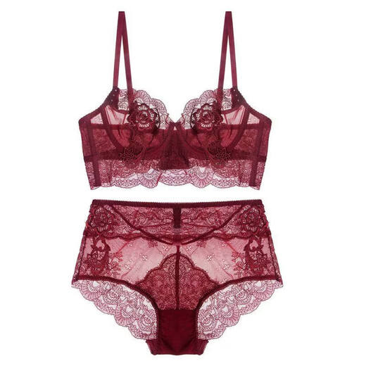 Triumph red high-waisted underwear set for the year of birth, breast-retracting sexy lace transparent bra, burgundy L 80B=36B (matching underwear)