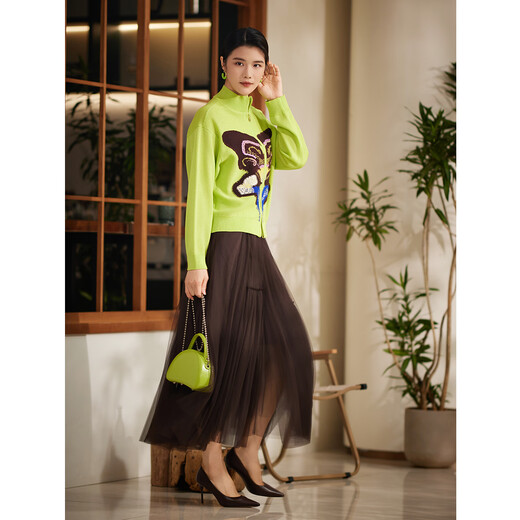 BBLLUUEE Butterfly Pattern Aesthetics Pink Blue Wardrobe 2026 Spring New Style Butterfly Rhyme Sichuan Embroidery Women's Artistic Contrast Color Knitted Sweater Yunliu Green M