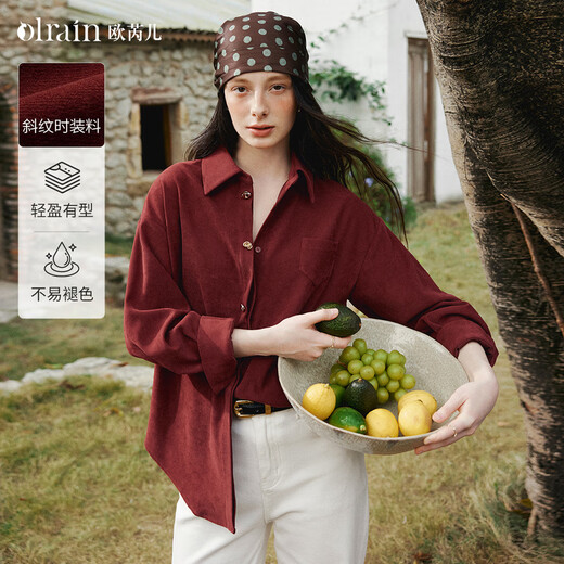 Olrain Ou Ruier spring women's new retro lapel casual long-sleeved shirt loose corduroy top red XL