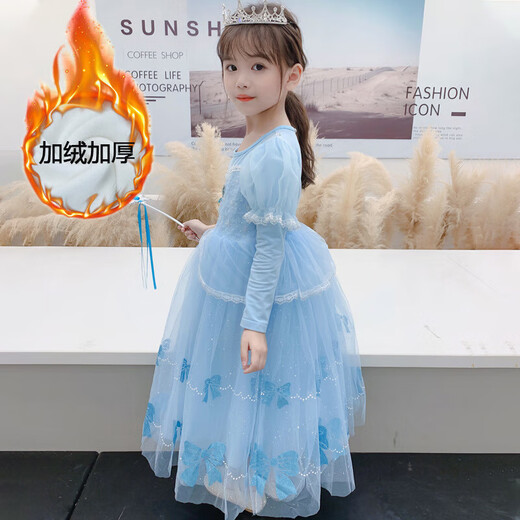 Spring and Autumn New Elsa Princess Dress Girls Dress Bow Printed Gauze Skirt Children's Puff Skirt Winter Plush Velvet Princess Skirt Single Skirt 120 cm
