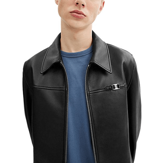 蔻驰（COACH）FW24 纯色拉链翻领长袖皮衣 男款 黑色 黑色 M