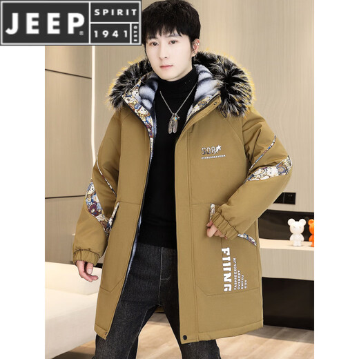 JEEP SPIRIT Winter Parka Men's Jacket Plus Velvet Thickened Jacket Men's Winter Cotton Clothes Mid-Length Windbreaker Warm Jacket Black Plus Velvet Thickened M 80-100Jin Jin is equal to 0.5 kg