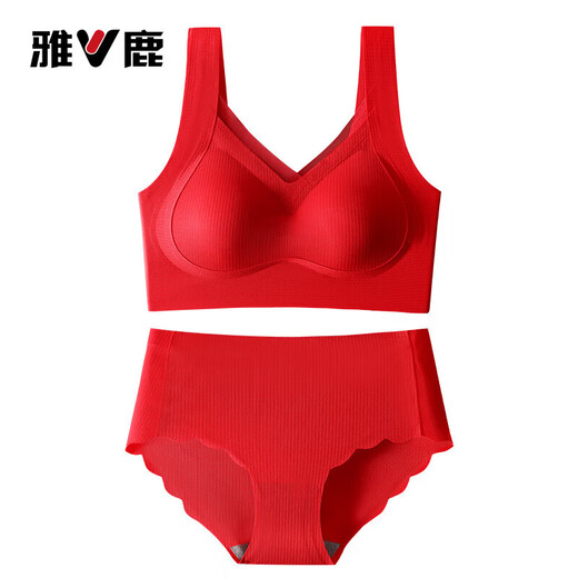 Yalu Benmingnian red underwear for women push-up seamless vest thin bra set fixed anti-sagging and auxiliary breast reduction 1 set lucky red bra + underwear M 80-95Jin Jin is equal to 0.5 kg