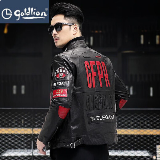 金利来（Goldlion）海宁皮夹克男士短立领修身摩托车套装山羊皮夹克绣花青年帅气夹克 现货黑色 L _170建议130-140斤