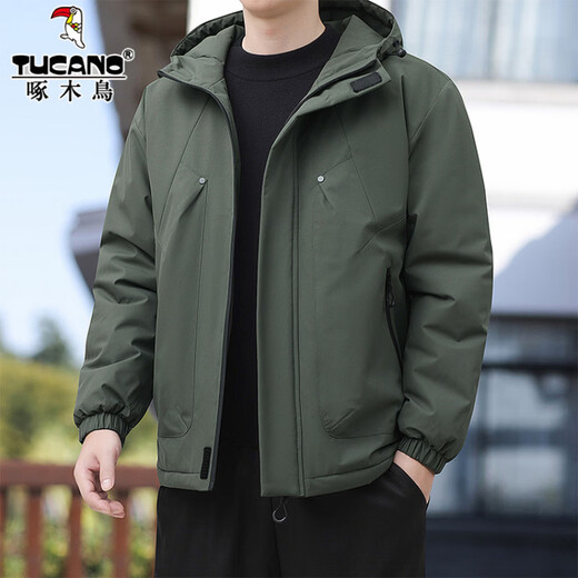 Woodpecker cold-resistant cotton coat men's winter fashion versatile plus velvet thickened bread coat hooded cotton jacket large size warm cotton coat 87022 black L