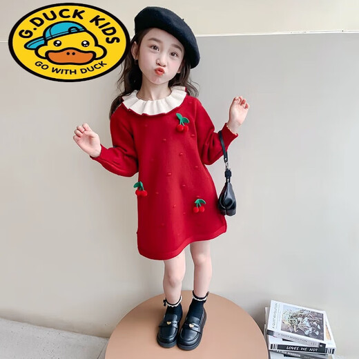 G.duck Girls Sweater Dress 2025 Autumn and Winter New Children's Doll Collar Knitted Dress Baby Fashionable Princess Skirt Red Sweet Cherry Sweater Dress 90 Tag Suitable for 80cm