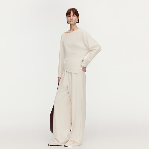 AUM relaxed suit 2026 spring new fashion temperament one-line collar knitted brushed top wide-leg pants for women beige top S