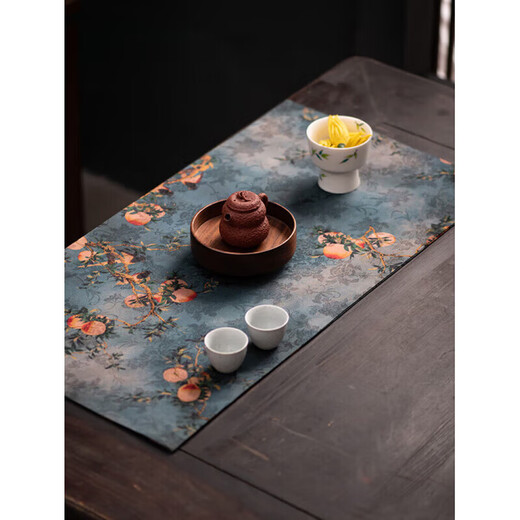 He Jiagong Xiangyun gauze waterproof tea towel tea party tablecloth Zen retro rectangular table runner dry bubble mat Chinese style light luxury Xiangyun gauze flat peach-dark blue (about 50*22cm)
