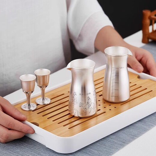 Hetuo Silver Wine Flask and Wine Glass Set Home Wine Divider Liquor Cup Antique Wine Divider + 6 Wine Glasses About 260g