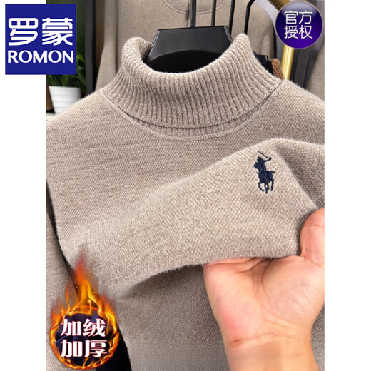 ROMON turtleneck sweater for men 2025 new autumn and winter warm plus velvet thickened knitted bottoming sweater for men trendy camel XL 175/52 recommended 135-150Jin Jin equals 0.5 kg