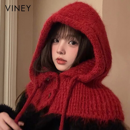 Viney balaclava hat for women in autumn and winter scarf hat one-piece knitted woolen hat warm thunder hat ancora red birthday gift for girlfriend wife valentine's day girlfriend 3.8 goddess day women one size