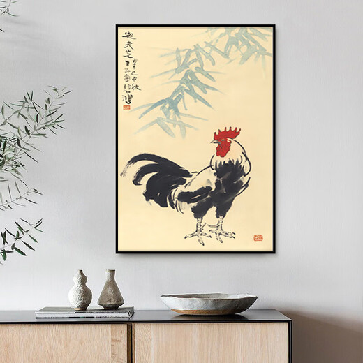 Chinese style rooster entrance feng shui fortune hanging painting study background wall rooster picture golden rooster crowing decorative painting ink H 70x100cm high-end crystal glossy aluminum alloy gold frame