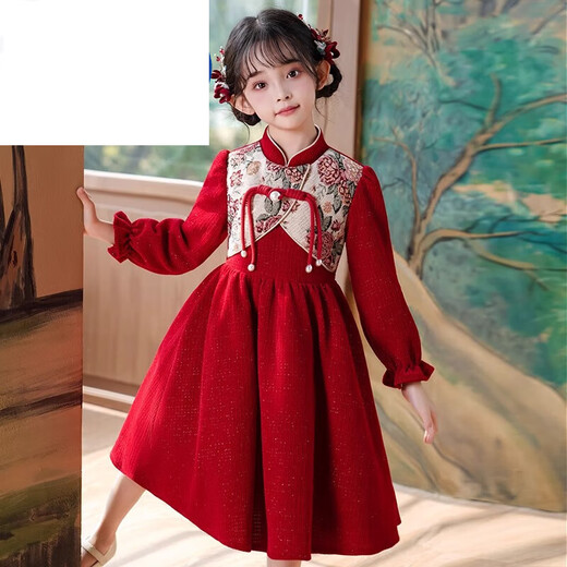 Didi.Ni HEYDIDY girls' cheongsam dress winter 2025 new girl's New Year's greetings dress plus velvet children's winter dress red princess dress red plus velvet 140 cm