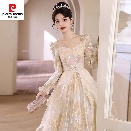 Pierre Cardin evening dress French style adult ceremony annual party host female high-end light luxury niche banquet temperament art test skirt champagne color 2XL