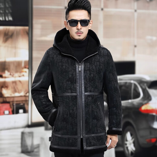 CHEVALPES international first-line brand genuine leather jacket for men, cowhide wool liner, imitation fur one-piece sheep sheared large windbreaker, black M 165