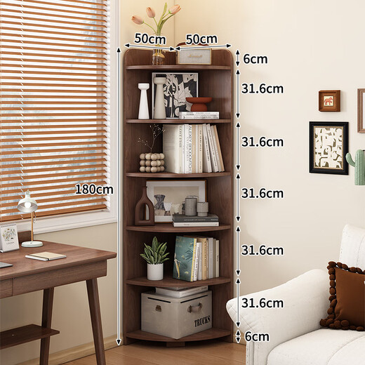 Fantasy corner cabinet corner storage rack against the wall triangular narrow cabinet bedroom storage cabinet fan-shaped corner floor-standing bookshelf thickened solid wood six-layer model 50x50x180cm walnut