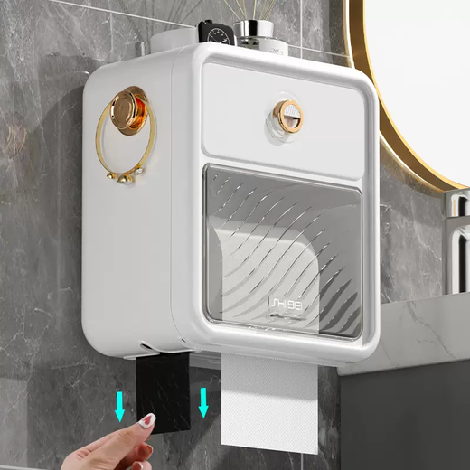 Yusenyi toilet paper box wall-mounted toilet multi-functional roll paper holder toilet paper box free of special punching waterproof toilet paper box cream yellow large size (garbage bag opening for easy removal of paper)