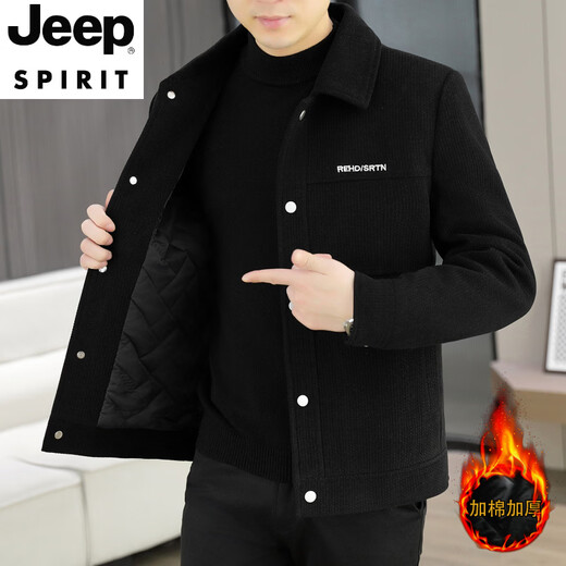 JEEP SPIRIT winter woolen jacket for men with cotton and thickening 2026 new Korean style slim fit light mature style men's woolen jacket new black 2XL suitable for 135-150Jin Jin is equal to 0.5 kg