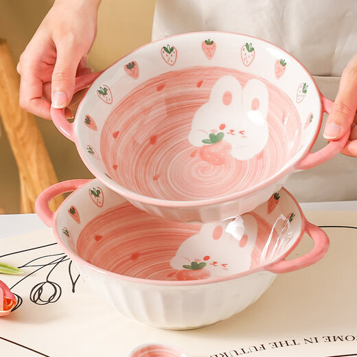 Tuojin cute ceramic double-eared soup bowl, large snail noodle bowl, large bowl, children's instant noodle bowl, personal rice bowl and dish set, exquisite gift box for 6 people, 27-piece set