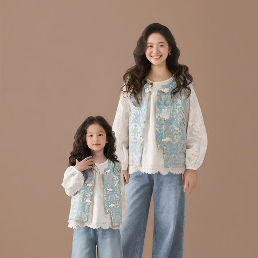 QINZHI Hanfu parent-child clothing mother and daughter autumn and winter new Chinese style parent-child clothing Chinese style buckle vest autumn clothing 2025 new retro mother-in-law floral blue vest 120 girls height about 110cm
