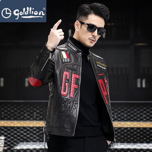 金利来（Goldlion）海宁皮夹克男士短立领修身摩托车套装山羊皮夹克绣花青年帅气夹克 现货黑色 L _170建议130-140斤