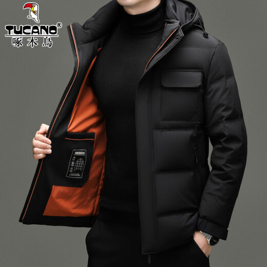 啄木鸟90白鸭绒羽绒服男士冬季加厚中年商务休闲保暖抗寒连帽面包服外套 98866黑色 M 170