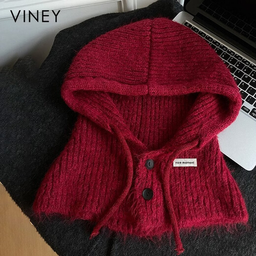 Viney balaclava hat for women in autumn and winter scarf hat one-piece knitted woolen hat warm thunder hat ancora red birthday gift for girlfriend wife valentine's day girlfriend 3.8 goddess day women one size