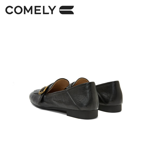 Kangli soft-soled sheepskin loafers for women 26 spring new round-toe metal buckle genuine leather carved commuting small leather shoes British black 37