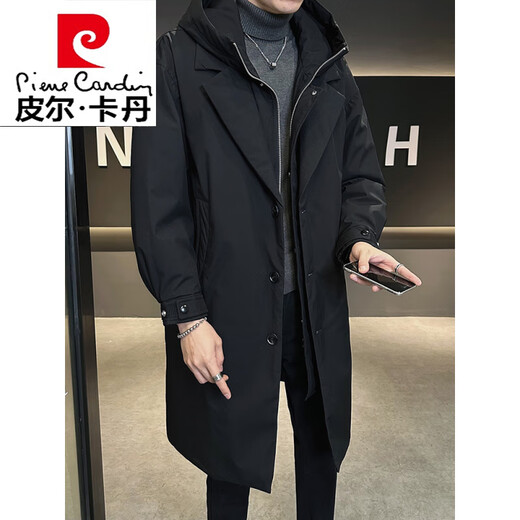 Pierre Cardin fake two-piece mid-length down jacket for men winter 2026 new high-end trendy brand fashion personality thickened windbreaker jacket black L