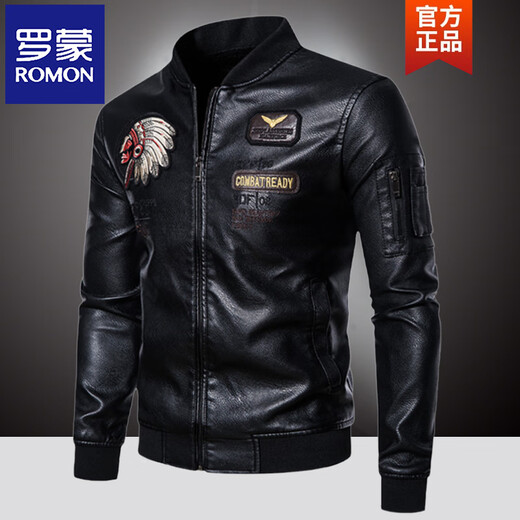 ROMON winter embroidered leather jacket men's winter clothing American handsome men's leather jacket motorcycle jacket plus velvet thickening autumn and winter black + baseball collar + no velvet L recommended 110-125 Jin Jin equals 0.5 kg