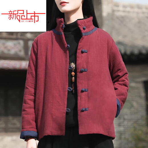 Woodpecker (TUCANO) retro cotton and linen quilted thickened cotton coat for women in winter new Chinese style national style double-breasted button-up stand-up collar cotton-padded jacket burgundy (small quantity in stock) this year's popular light luxury brand L recommended 95-120 Jin Jin equals 0.5 kg