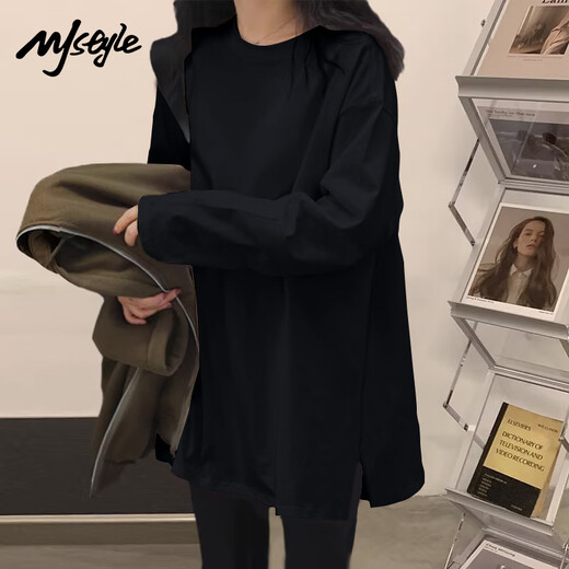 MJ STYLE长袖开衩T恤女2026春秋新款宽松套头纯色打底衫运动风百搭上衣