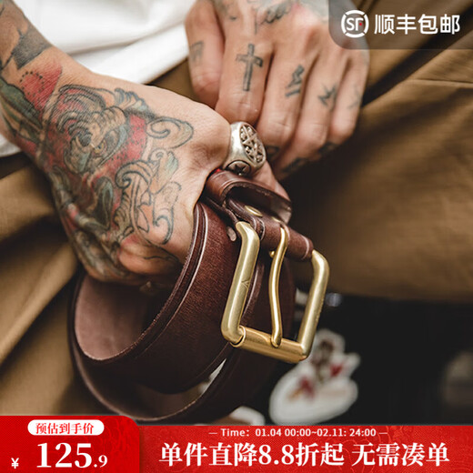 Madden Workwear American Retro Top Layer Vegetable Tanned Cowhide Belt Brass Single Needle Buckle Genuine Leather Belt Tough Guy Pants Belt Men Dark Brown