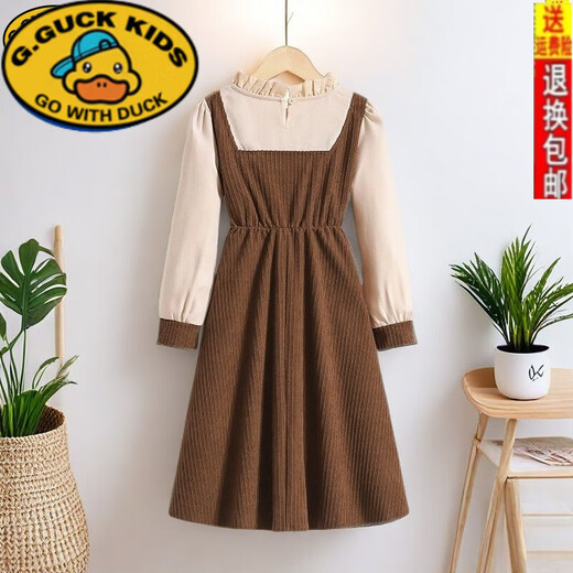 G.duck girls' fake two-piece dress autumn 2025 new medium and large children's sweet corduroy skirt fashionable princess dress khaki 120 fake two-piece suspender skirt