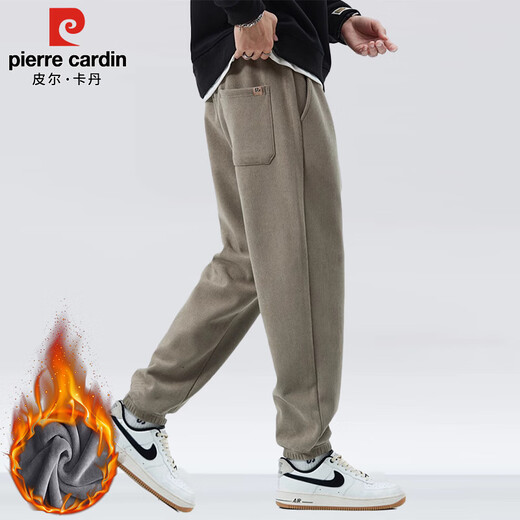 Pierre Cardin casual pants for men in autumn and winter, leg-locking sports pants for men, loose warm long pants for men, light brown plus velvet 2XL