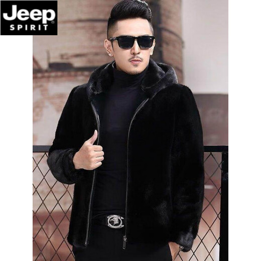 JEEP SPIRIT mink coat men's winter new Haining fur mink coat fur one-piece mink velvet jacket men's whole mink black mink hooded model XL recommended weight 121-135Jin Jin equals 0.5 kg
