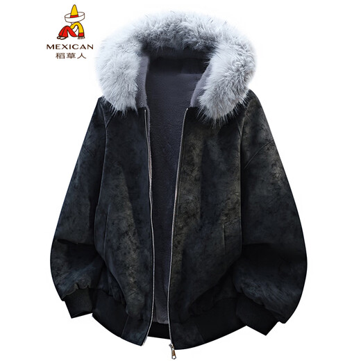 Scarecrow Mountain Carving PU Fur Collar Hooded Cotton Jacket for Men and Women Winter New Plus Velvet Thickened Warm Cotton Jacket Beige Color MY3588 L