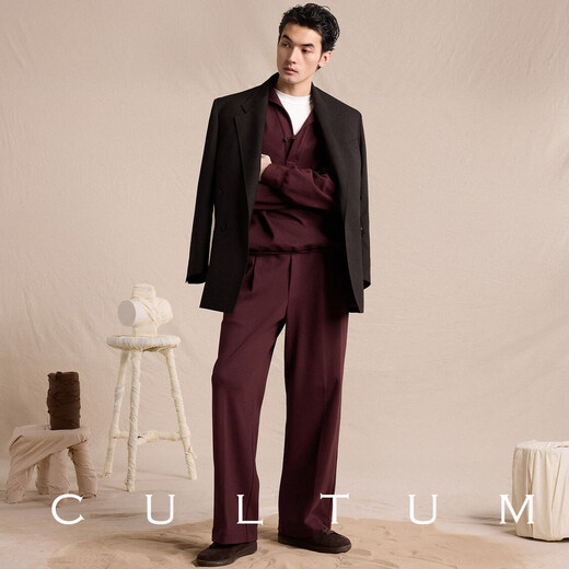 CULTUM heavyweight double-sided 100% cotton high weight pure cotton lapel men's pullover sweatshirt loose solid color long-sleeved T-shirt burgundy S