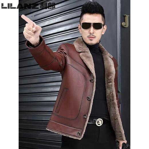 LILANZ winter new Haining fur all-in-one leather jacket men's short jacket suit collar young and middle-aged thickened jacket trendy red brown M 165-100-115Jin Jin equals 0.5 kg