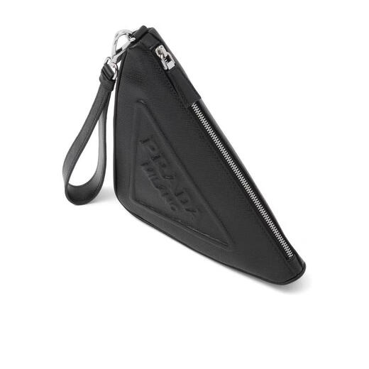 PRADA Men's Clutch Zippered Closure Portable Storage Accessory With Carry Black Genuine Leather Embossed Logo Black One Size