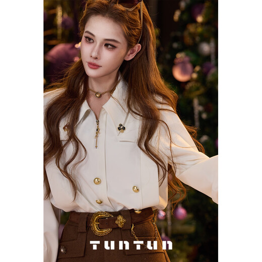 TUNTUN Autumn and Winter Moon White Shirt White Velvet Shirt Women's Light Luxury High-Quality Crisp Satin White Shirt Cream White (Fleet) Ready in Stock S (Brochure Not Included)