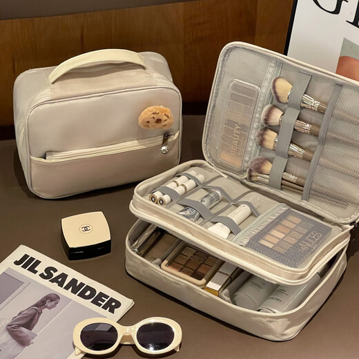 Aoyanlai New Product Cute Large Capacity Portable Women's Makeup Brush Cosmetic Storage Bag Portable Cosmetic Bag Travel Wash Double Layer Large Capacity Beige Free Capibala Brooch