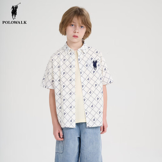 POLOWALK children's summer shirt boys' short-sleeved top shirt loose, comfortable and fashionable white 110 cm