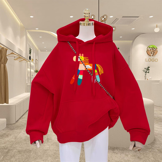 Children's velvet red sweatshirt 2026 Year of the Horse and zodiac year parent-child wear Spring and Autumn Thin Style-Big Red-Colorful Pony_Shopping mall quality 110 cm_Children's clothing without hooded rope